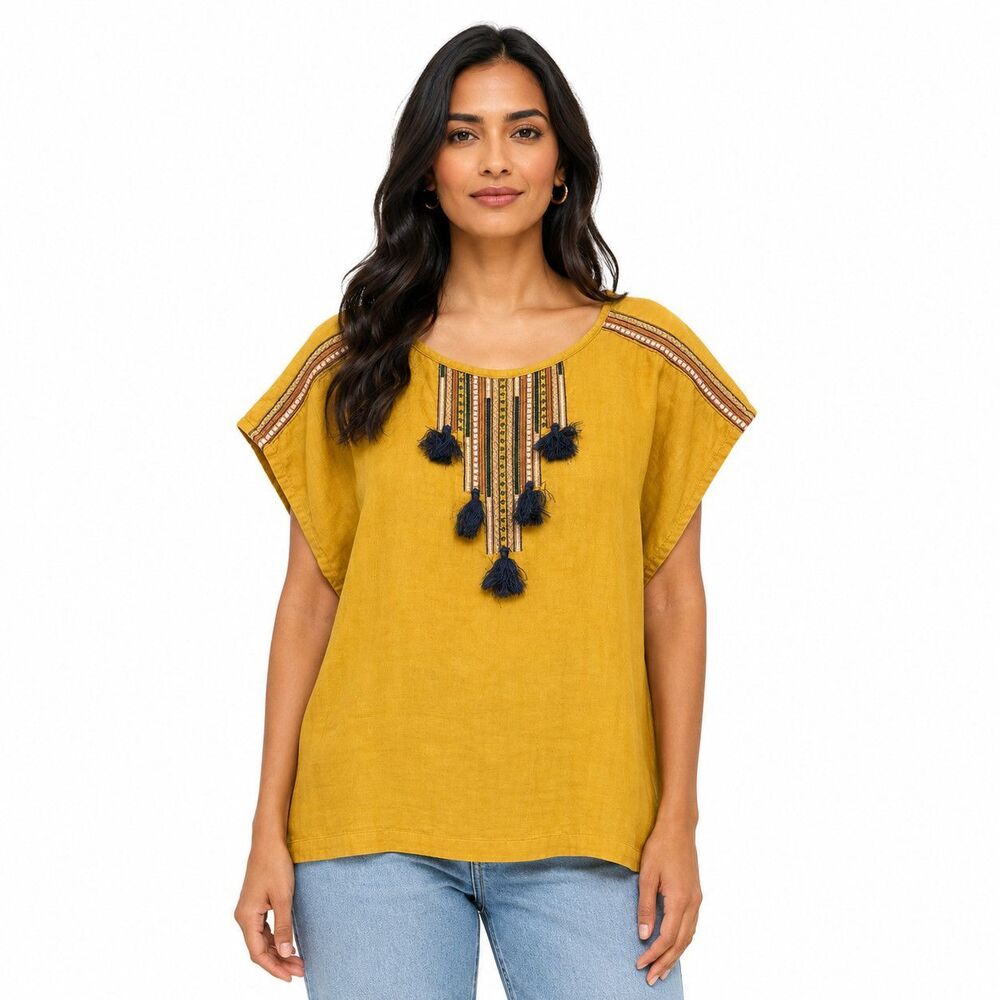 Ariat Tunic Blouse Womens XL Yellow Embroidered Tassel Scoop Neck Boho Top